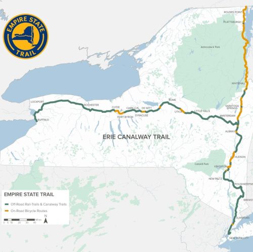 Map of the Empire State Trail, highlighting off-road rail trails and canalway paths across New York State.