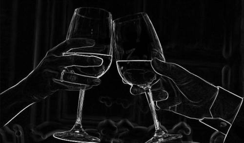 Two hands clinking wine glasses in a celebratory toast against a dark background.