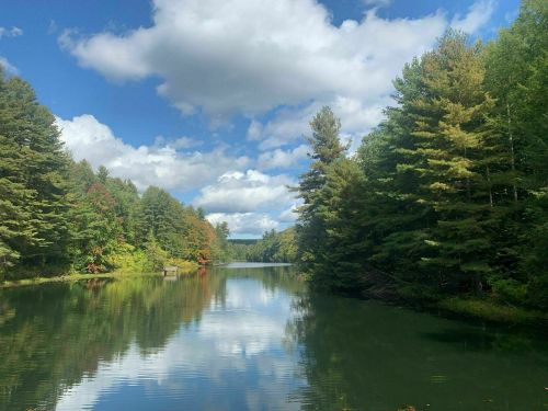 A serene lake surrounded by lush green trees and colorful foliage under a partly cloudy sky.