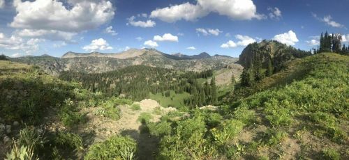 A panoramic view of a mountainous landscape with green hills, trees, and a blue sky dotted with clouds.