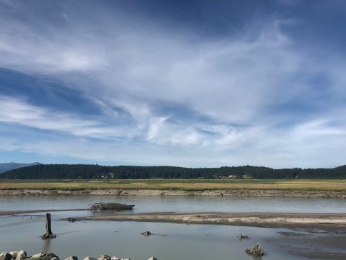 A serene landscape featuring a calm river, sandy shore, and a backdrop of trees under a cloudy blue sky.