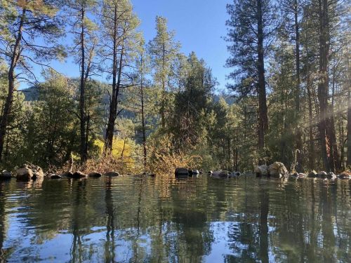 A serene natural scene featuring a calm pool of water surrounded by trees and mountains under a clear blue sky.
