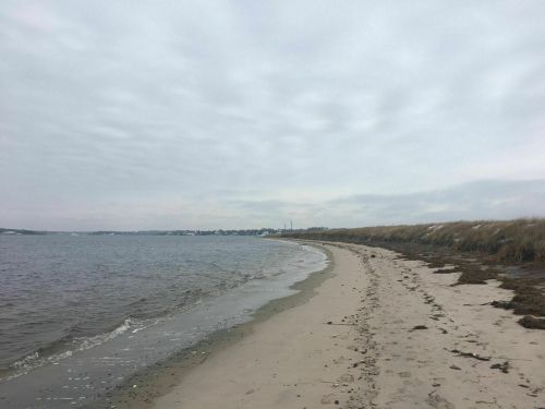 A cloudy beach scene with a sandy shore, gentle waves, and grass-covered dunes in the background.