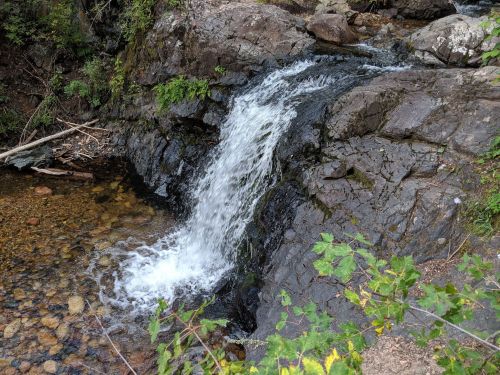 A small waterfall cascades over rocky terrain into a clear pool, surrounded by greenery and pebbles.