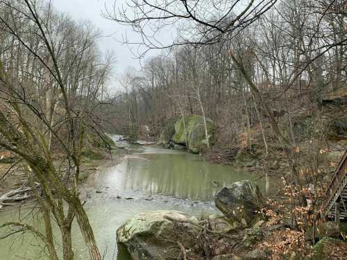 A serene river flows through a wooded area, surrounded by bare trees and large rocks, under a cloudy sky.