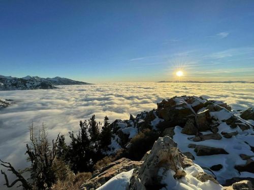 A snowy mountain peak overlooks a sea of clouds with the sun rising in the background, casting a warm glow.