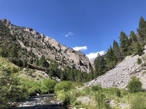 A serene river flows through a rocky valley surrounded by tall mountains and lush greenery under a clear blue sky.
