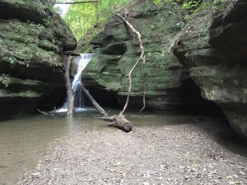 A serene waterfall cascades into a rocky creek surrounded by lush greenery and steep, moss-covered cliffs.