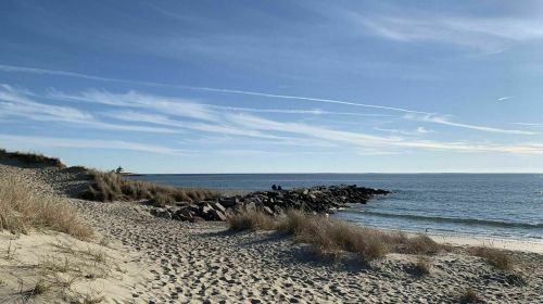 A serene beach scene with sandy dunes, a rocky jetty, and a calm ocean under a clear blue sky.