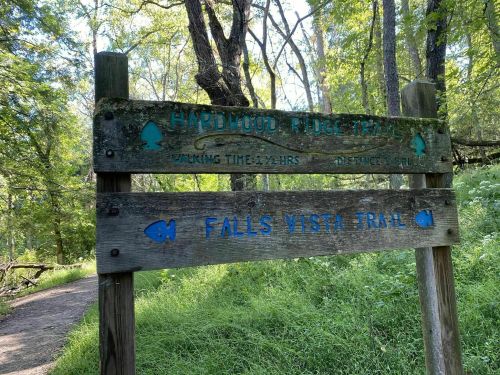 Wooden trail sign indicating "Hardwood Ridge Trail" and "Falls Vista Trail" in a lush, green forest setting.