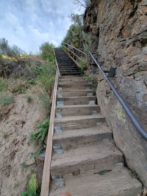 A wooden staircase leads up a rocky hillside, surrounded by greenery and a cloudy sky.