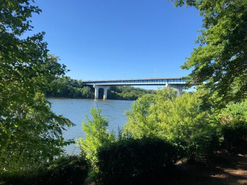 A bridge spans a river, surrounded by lush greenery and a clear blue sky.