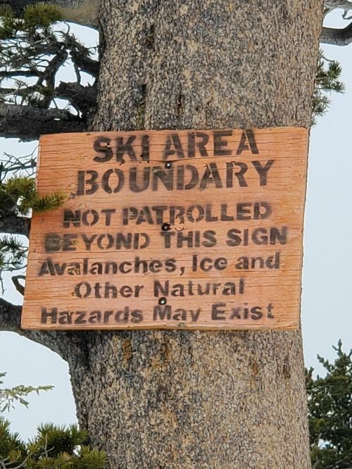 A wooden sign on a tree warns of ski area boundary, stating it's unpatrolled and natural hazards may exist beyond it.