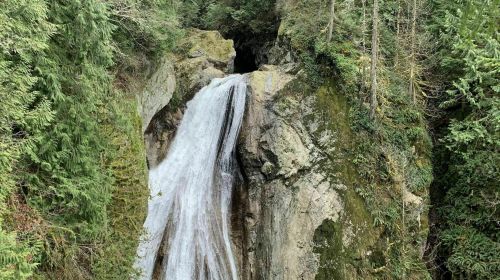 A waterfall cascading down rocky cliffs, surrounded by lush green trees and foliage.