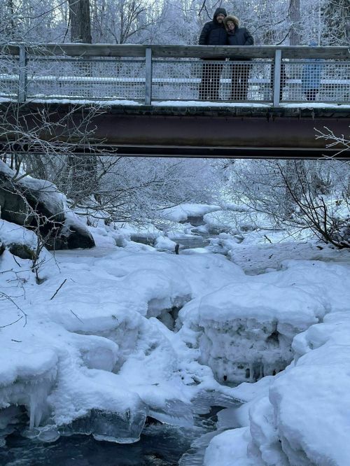 Two people stand on a bridge over a frozen stream, surrounded by snow-covered trees and icy terrain.