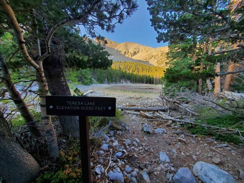 Sign for Teresa Lake at 10,230 feet elevation, surrounded by trees and mountains in a serene natural setting.