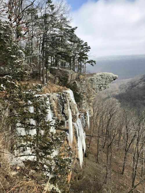 A snowy cliffside with icicles hanging down, surrounded by trees and a misty valley in the background.