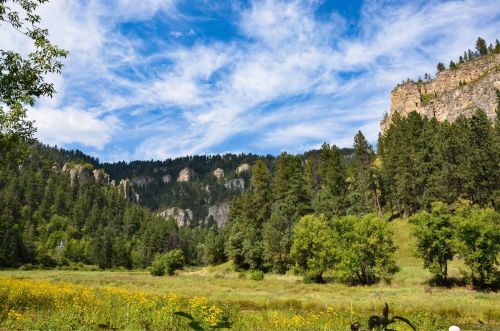 A scenic landscape featuring green trees, a meadow, and rocky cliffs under a blue sky with wispy clouds.