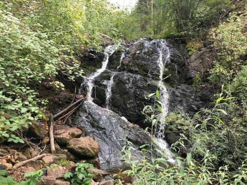 A serene waterfall cascading over rocky terrain, surrounded by lush greenery and foliage.