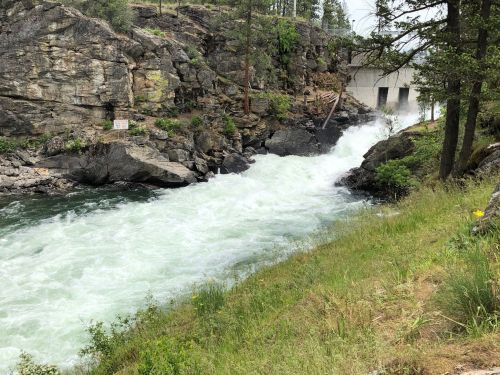 Rushing river flows past rocky banks and greenery, with a dam visible in the background.