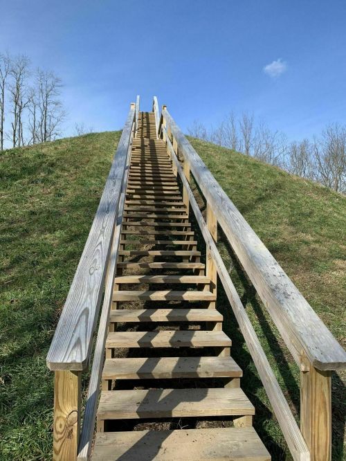 A wooden staircase leads up a grassy hill under a clear blue sky. Trees are visible in the background.