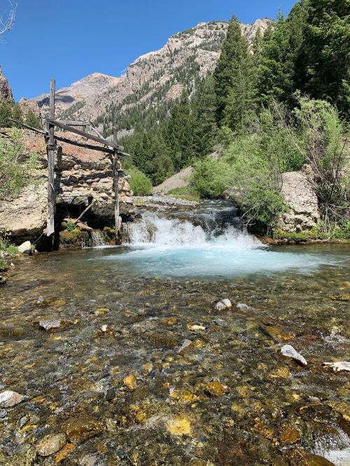 A clear stream flows over rocks, surrounded by lush greenery and mountains under a bright blue sky.