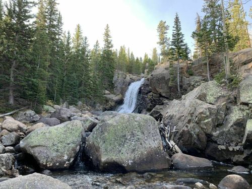 A waterfall cascades down rocky terrain, surrounded by tall pine trees and boulders in a serene natural setting.