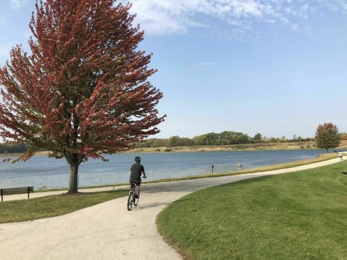 A person rides a bike along a path by a lake, with a tree displaying autumn colors in the background.
