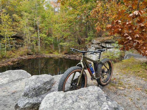 A mountain bike rests on rocks by a serene pond, surrounded by colorful autumn foliage.