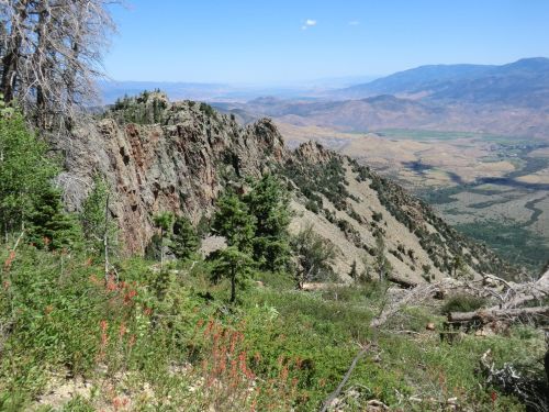 A scenic mountain view with rocky cliffs, green trees, and a valley below under a clear blue sky.