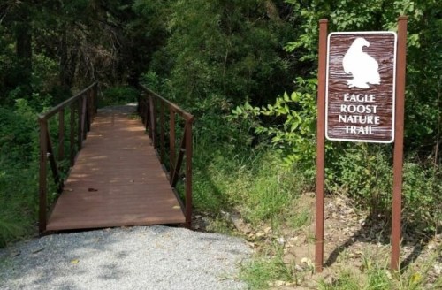 A wooden bridge leads into a lush green area, marked by a sign for the Eagle Roost Nature Trail.