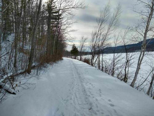 Snow-covered path along a frozen lake, bordered by trees under a cloudy sky.