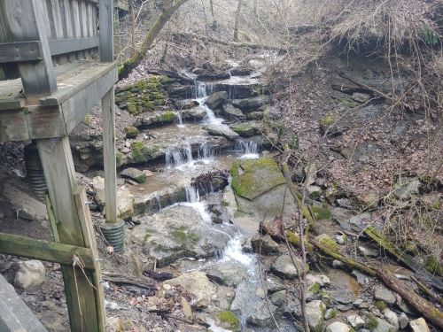 A small waterfall cascades over rocks in a wooded area, with a wooden structure partially visible above.