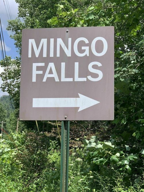 Sign directing to Mingo Falls with an arrow pointing right, surrounded by greenery and trees.