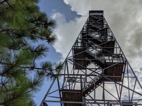 A tall metal observation tower surrounded by pine trees under a partly cloudy sky.