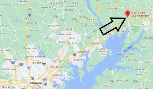 Map showing the location of Gilpin's Falls Covered Bridge, near Rising Sun, Maryland, with an arrow pointing to it.