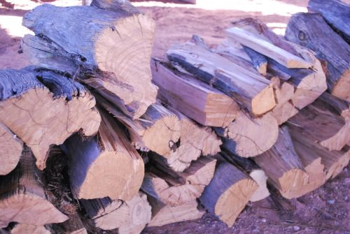 Stacked logs with visible rings and textures, arranged neatly on a sandy surface.