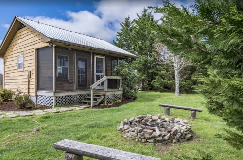 A cozy wooden cabin with a metal roof, surrounded by greenery and a stone fire pit in the foreground.