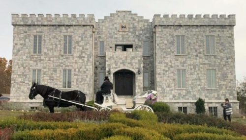 A stone castle with a horse-drawn carriage in front, surrounded by colorful landscaping.