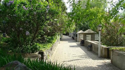 A peaceful pathway lined with greenery and flowers, featuring stone walls and benches under dappled sunlight.