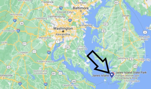 Map highlighting Janes Island State Park near the Chesapeake Bay, south of Baltimore and east of Washington, D.C.