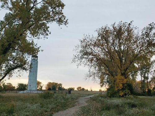 A winding path leads through a field with trees and a tall, weathered structure under a soft, cloudy sky.