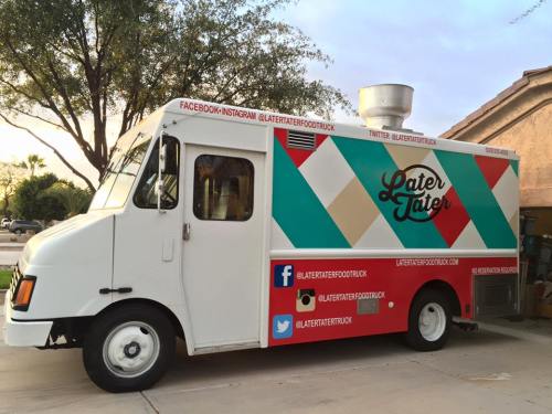 A colorful food truck named "Later Later" parked in a driveway, featuring geometric patterns and social media handles.