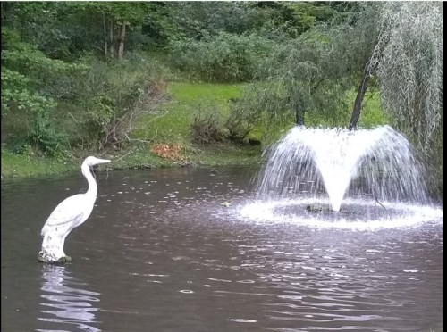 A white heron statue stands by a pond with a fountain spraying water in the background, surrounded by greenery.