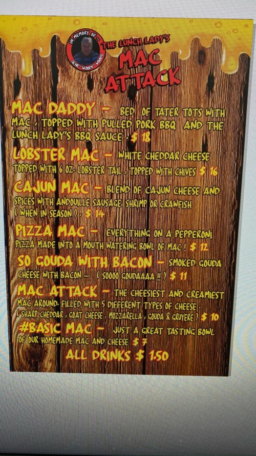 Menu featuring various mac and cheese dishes, including Lobster Mac, Cajun Mac, and Pizza Mac, with drink prices.