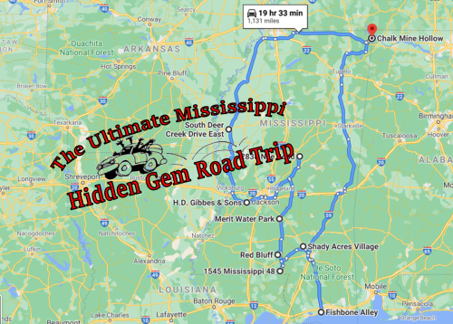 Map showing a road trip route in Mississippi, labeled "The Ultimate Mississippi Hidden Gem Road Trip."