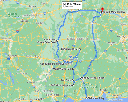 Map showing a route from Chalk Mine Hollow to various locations in Mississippi, including parks and villages.