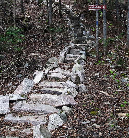 Stone steps lead up a forested trail, surrounded by trees and foliage, with a sign pointing to "Bebette Mt."