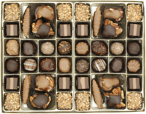 A variety of assorted chocolates and confections arranged in a decorative box, featuring different shapes and toppings.