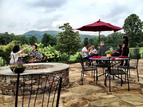 A scenic outdoor patio with people dining, surrounded by greenery and mountains under a cloudy sky.